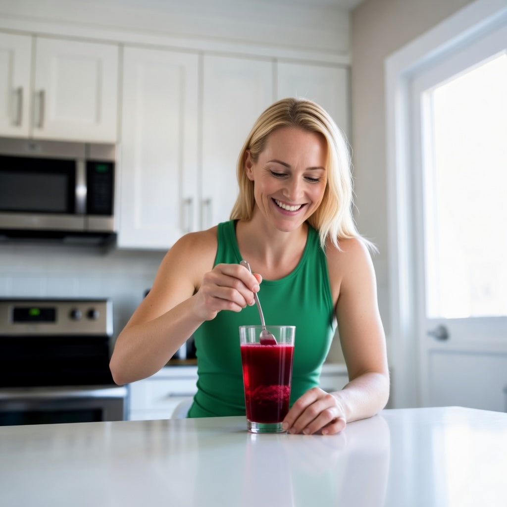 woman stirring a beet root pre workout drink before exercise