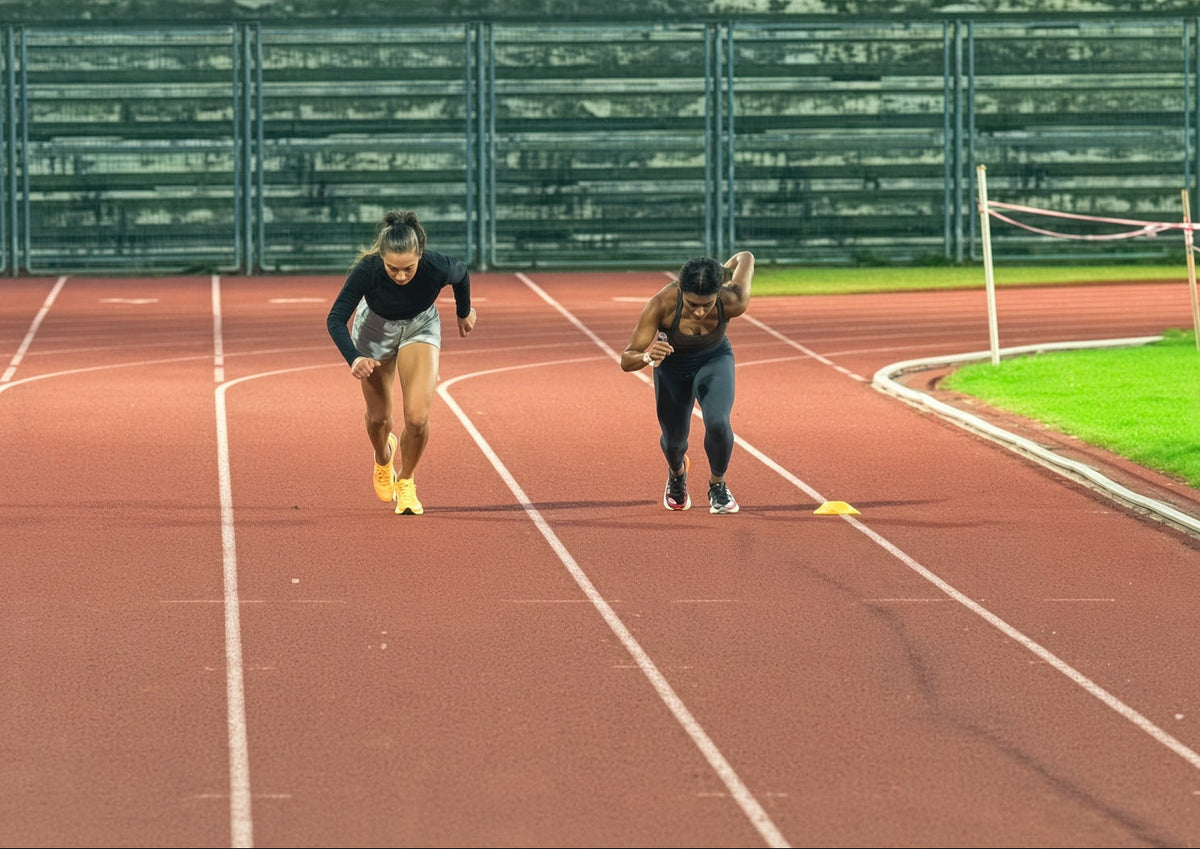 Two athletes sprinting on a track during high-intensity training