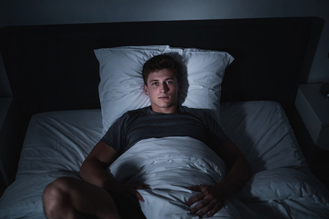 athlete lying awake in bed showing how stimulants can disrupt sleep and recovery