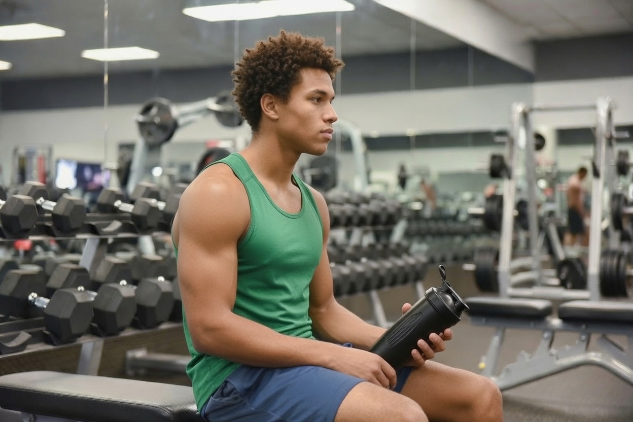 athlete sitting in a gym holding a shaker bottle before a workout