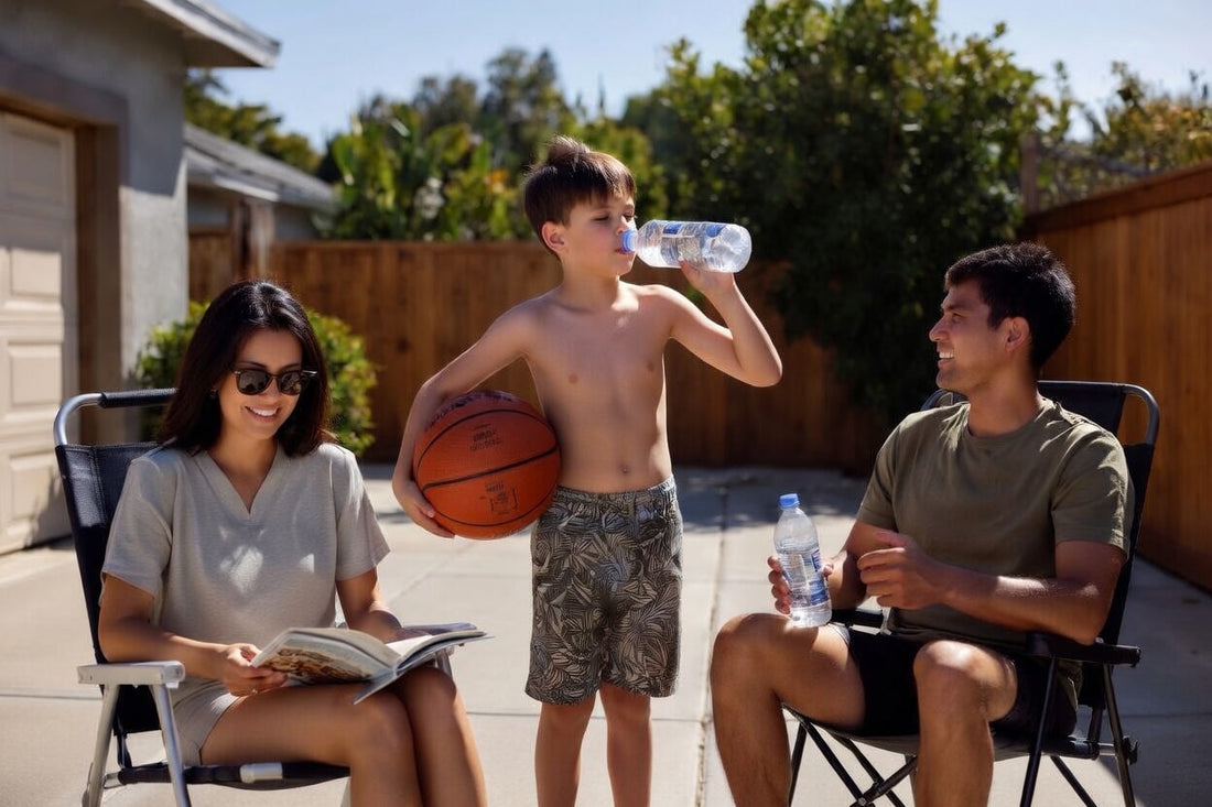 family hydrating outdoors while a child drinks water after playing basketball