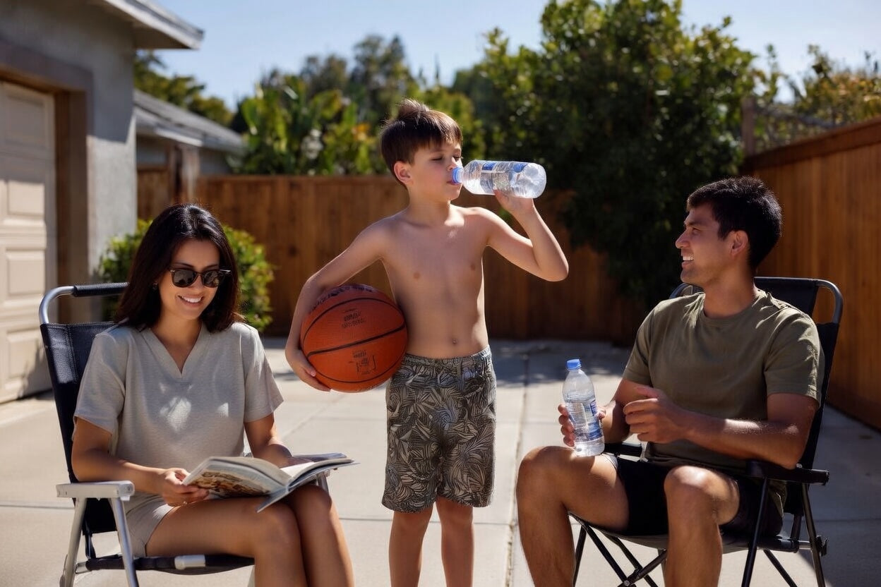 family hydrating outdoors while a child drinks water after playing basketball