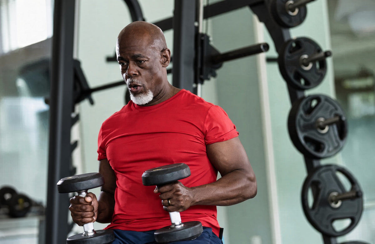 Older man strength training with dumbbells in a gym