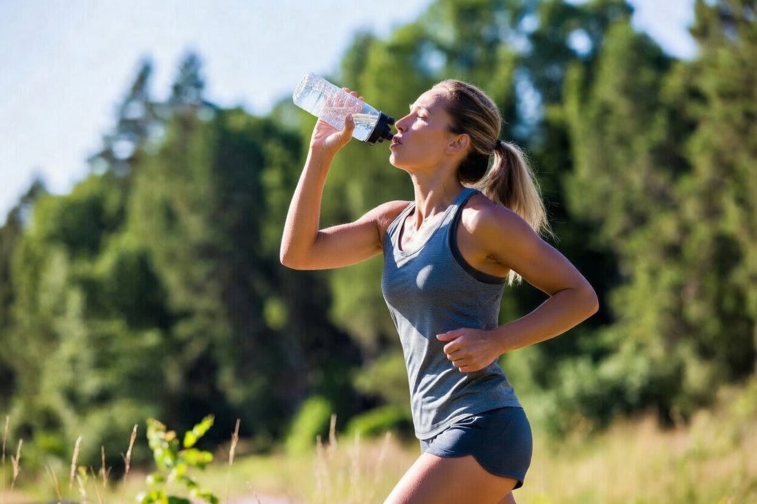 female runner drinking water with electrolytes during an outdoor run to support hydration and endurance