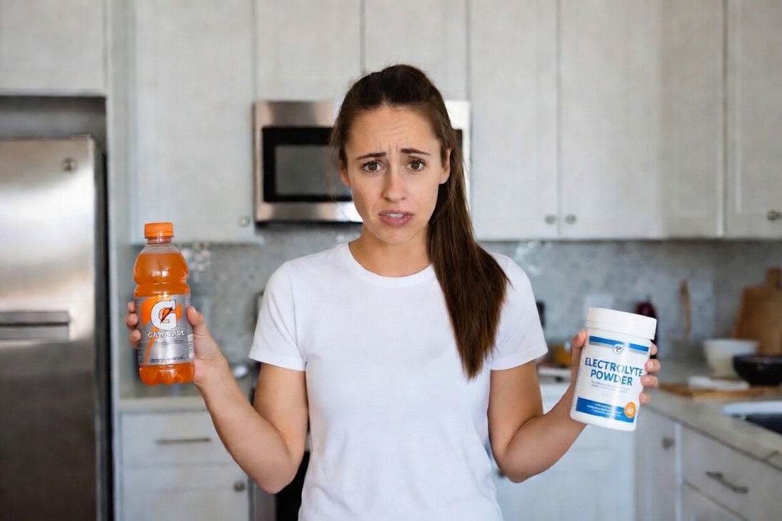 woman comparing a sports drink and electrolyte powder drink mix for hydration