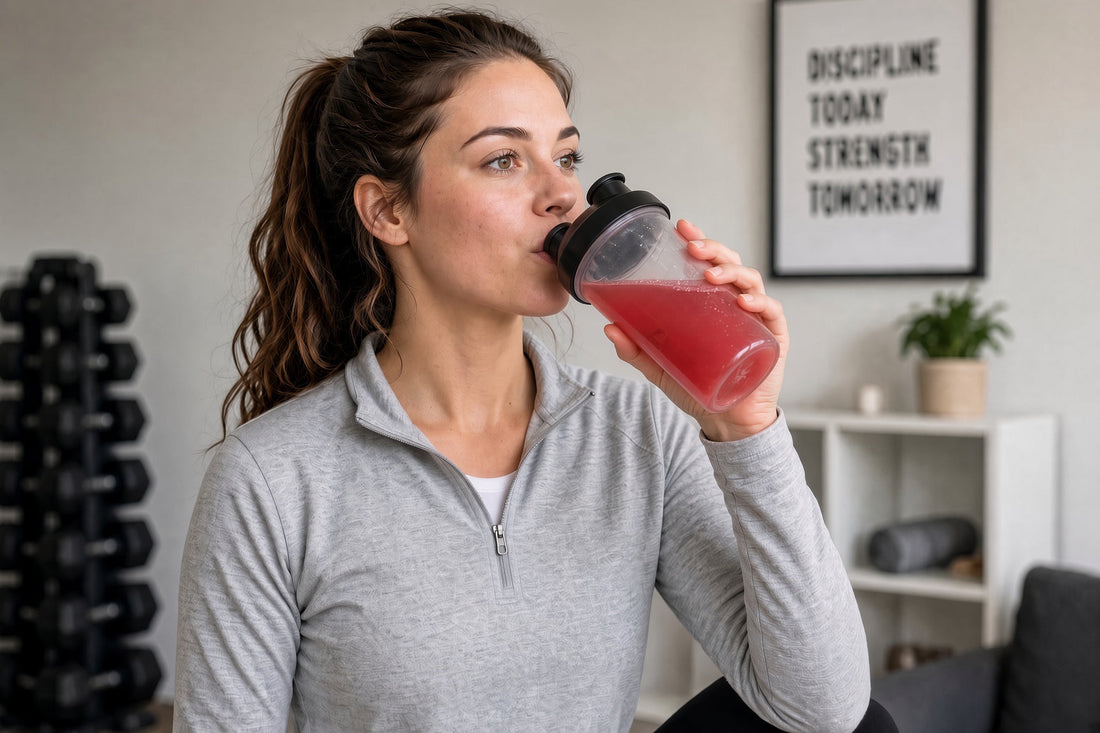 Woman drinking pre-workout before an evening workout