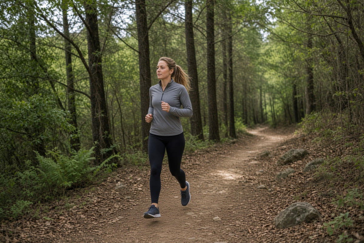 Woman trail running outdoors, representing Rhodiola rosea benefits for endurance and fatigue resistance