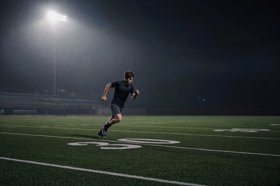 Athlete running on a field during a night workout under stadium lights