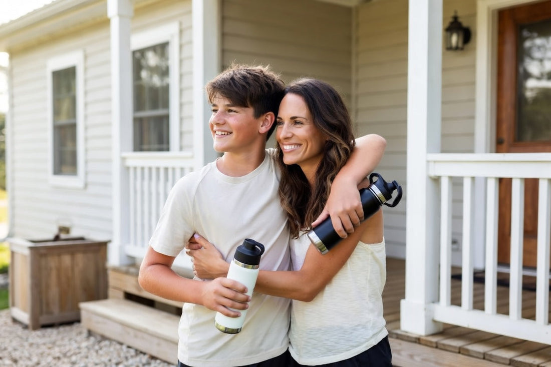 mother and son holding water bottles representing healthy electrolyte drink choices for daily hydration