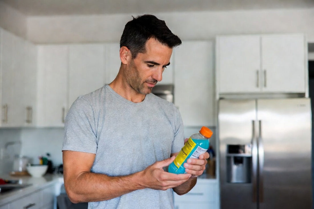 man checking the nutrition label on a low calorie sports drink to evaluate sugar and electrolyte content