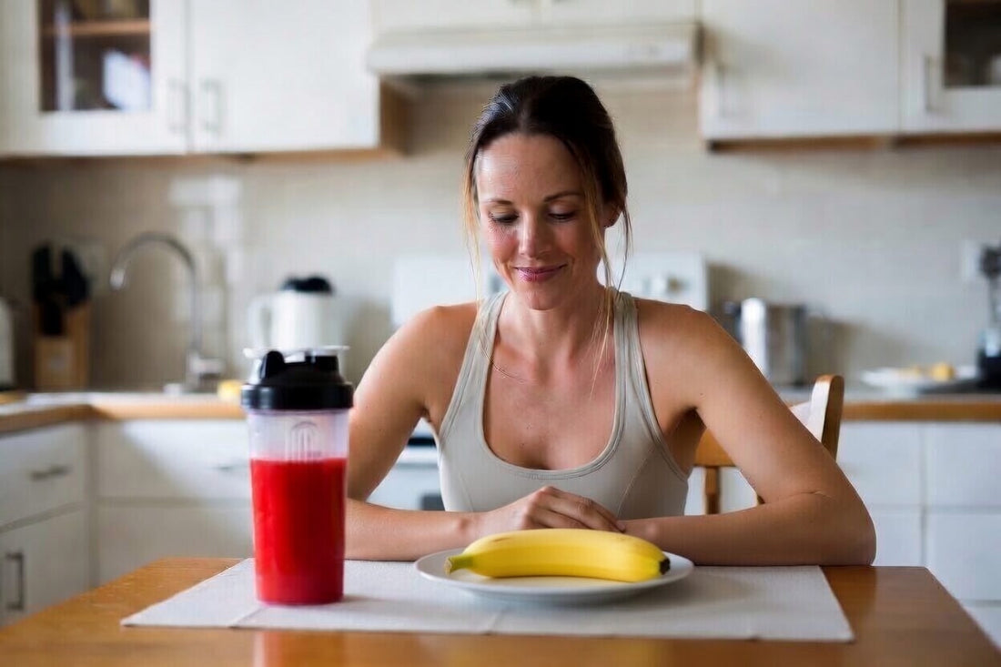 woman with a natural pre workout drink and banana before exercise