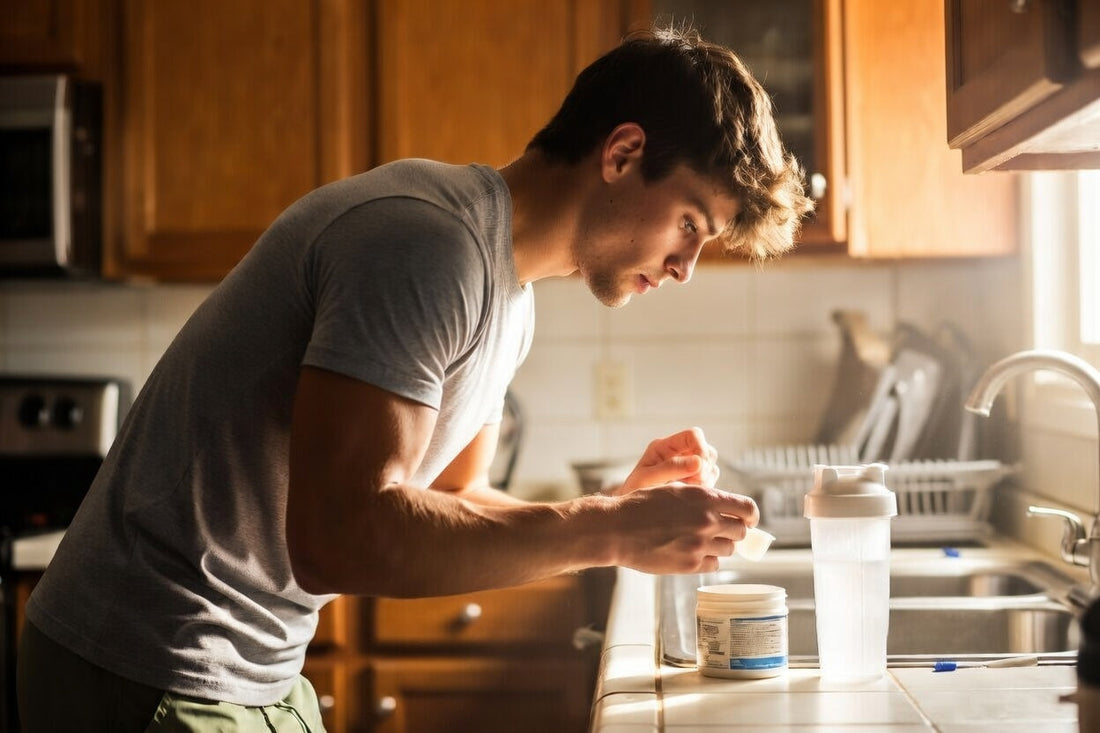 man mixing a non stim pre workout powder in a shaker bottle before a workout