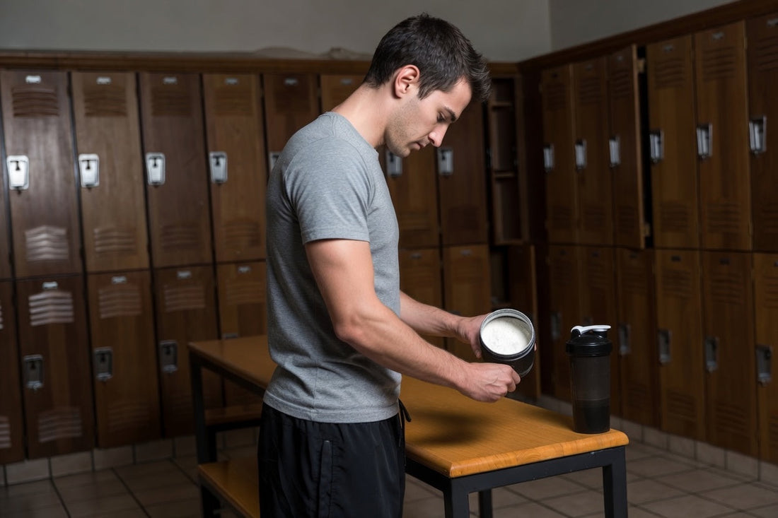 athlete preparing a pre workout without stimulants in a locker room before training