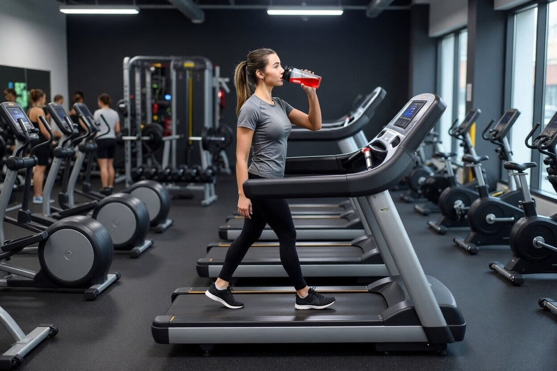 woman drinking a sugar free pre workout while walking on a treadmill at the gym