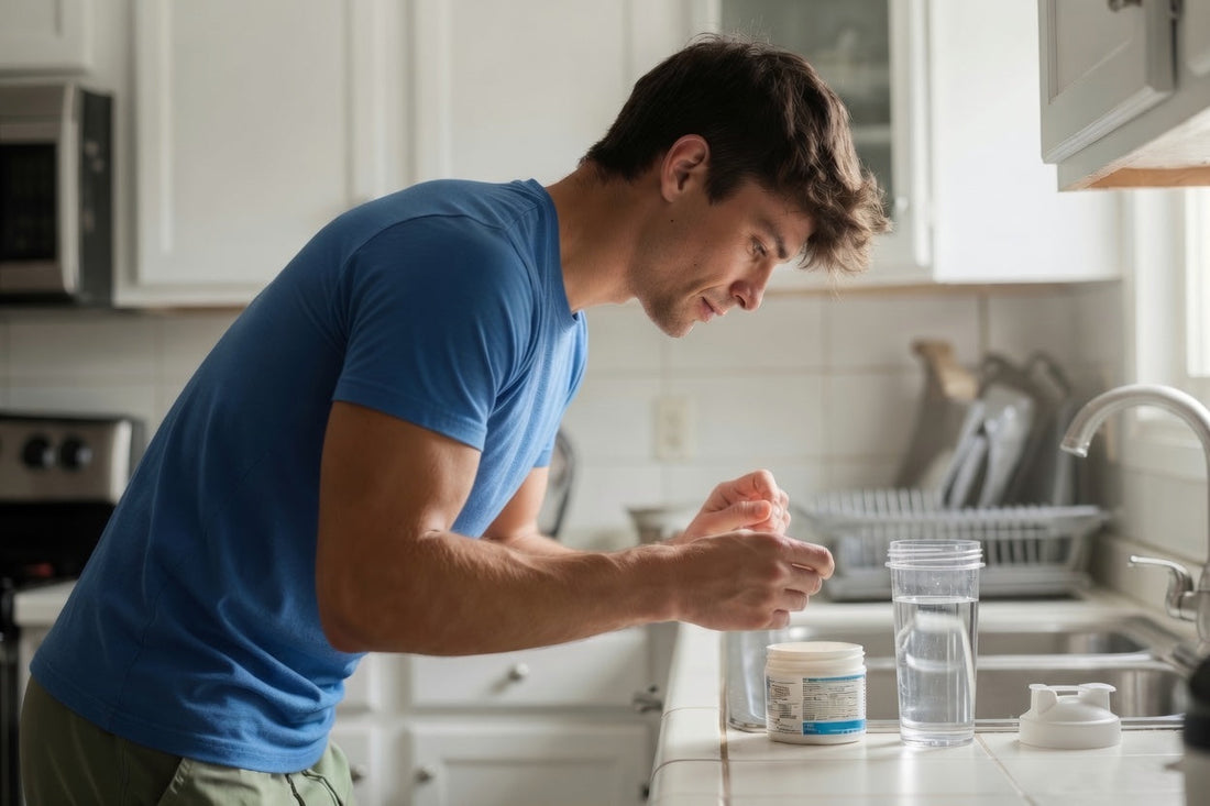 man mixing a taurine pre workout drink in a shaker bottle before exercise